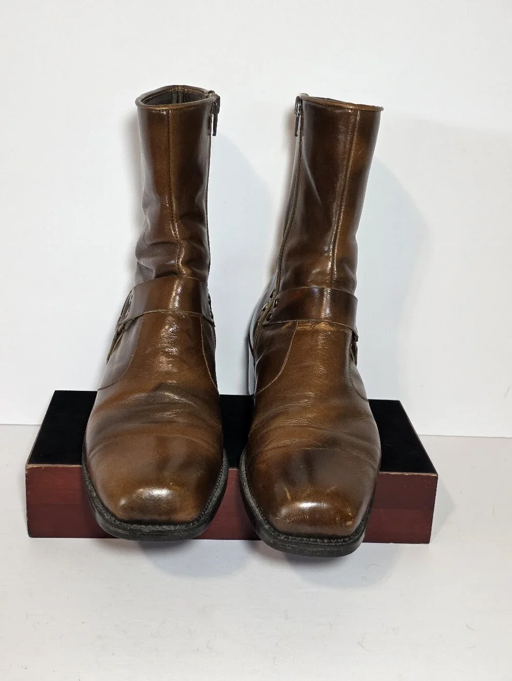 Vintage 70s Mens UN Shoes Brown Leather Zip Harness Boots Square Toe Size 8-8.5